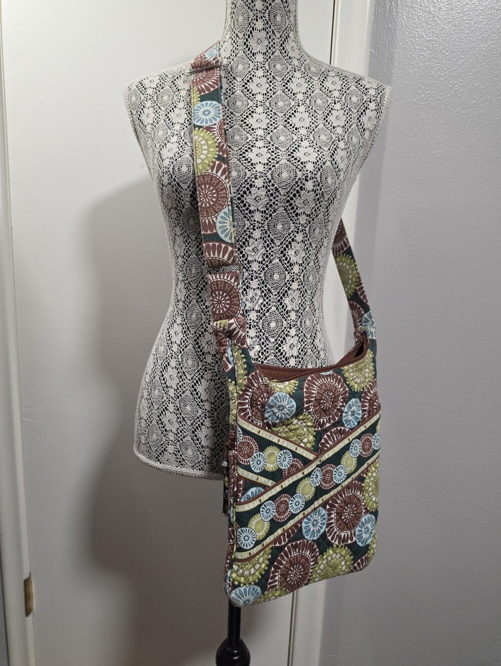 Stephanie Dawn Quilted Floral Medallion Crossbody Shoulder Bag Green Brown